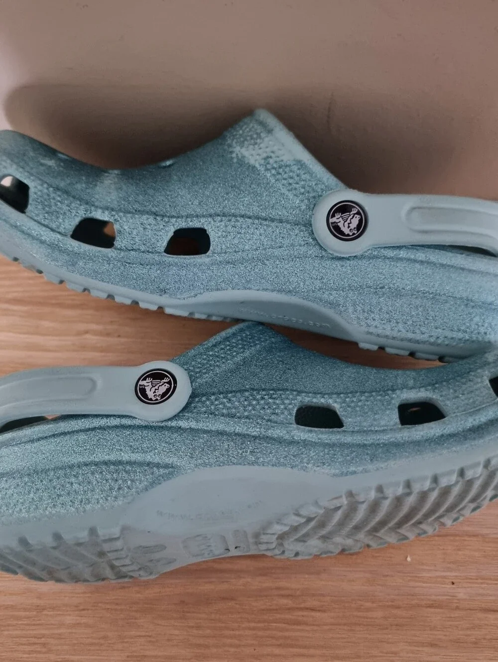 Crocs Kids J5 Classic Glitter Clogs Light Blue Slip-On Clog Shoes